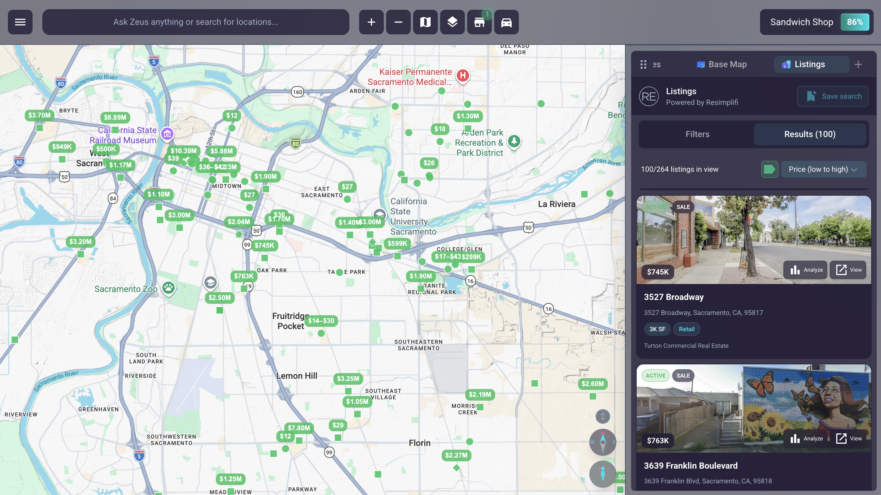 Live for-sale and for-lease real estate listings rendered directly on the SiteZeus Locate map alongside demographic and traffic data