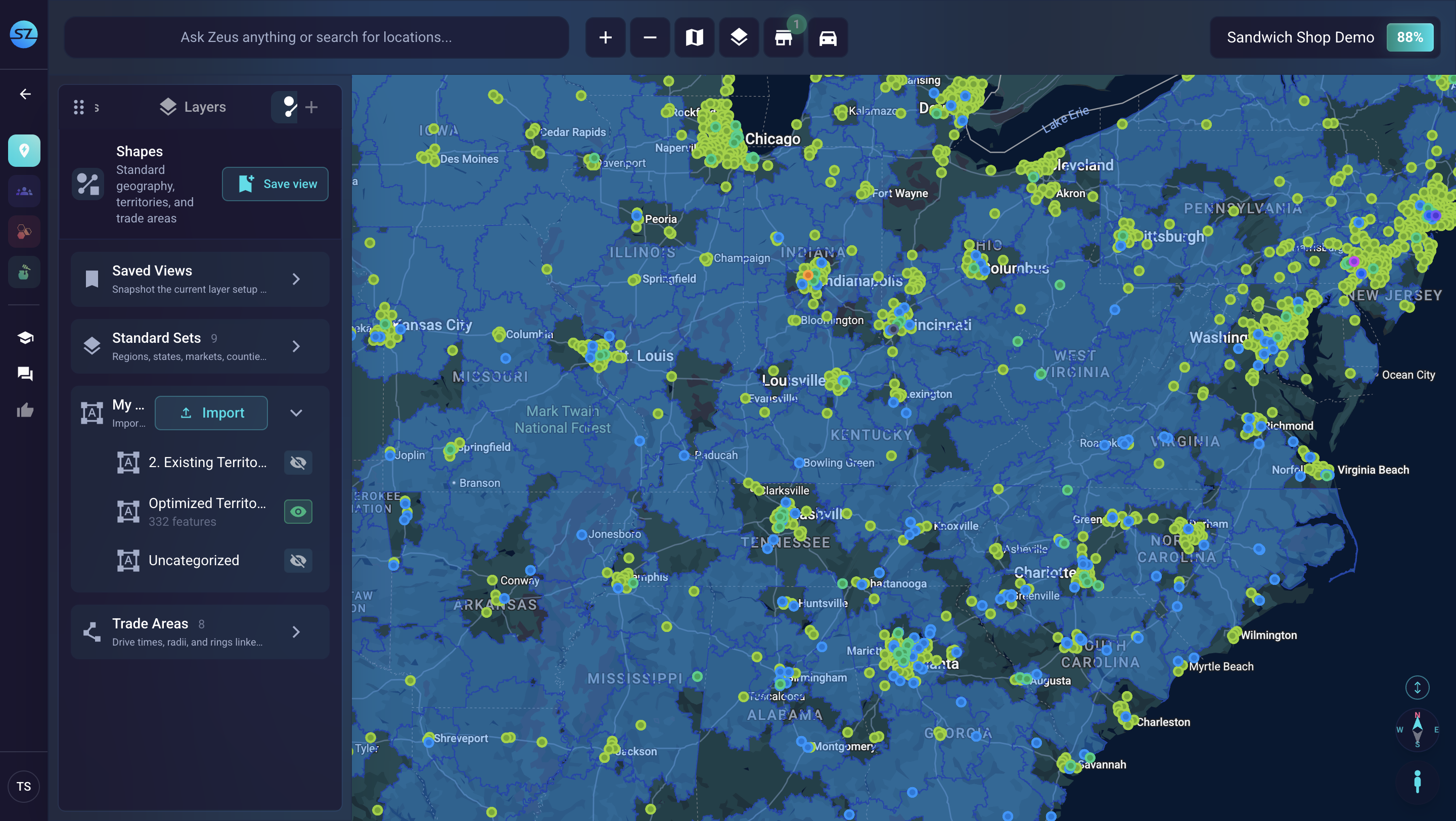 Automated, balanced franchise territories built at national scale inside SiteZeus Locate from real customer data and brand-specific criteria