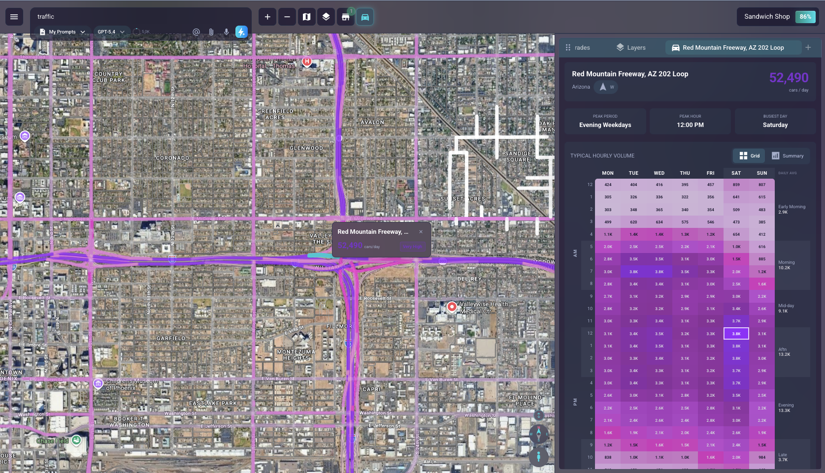 Traffic data visualization inside SiteZeus Locate showing road segments with hover summary, custom time-group slider, and daypart traffic patterns