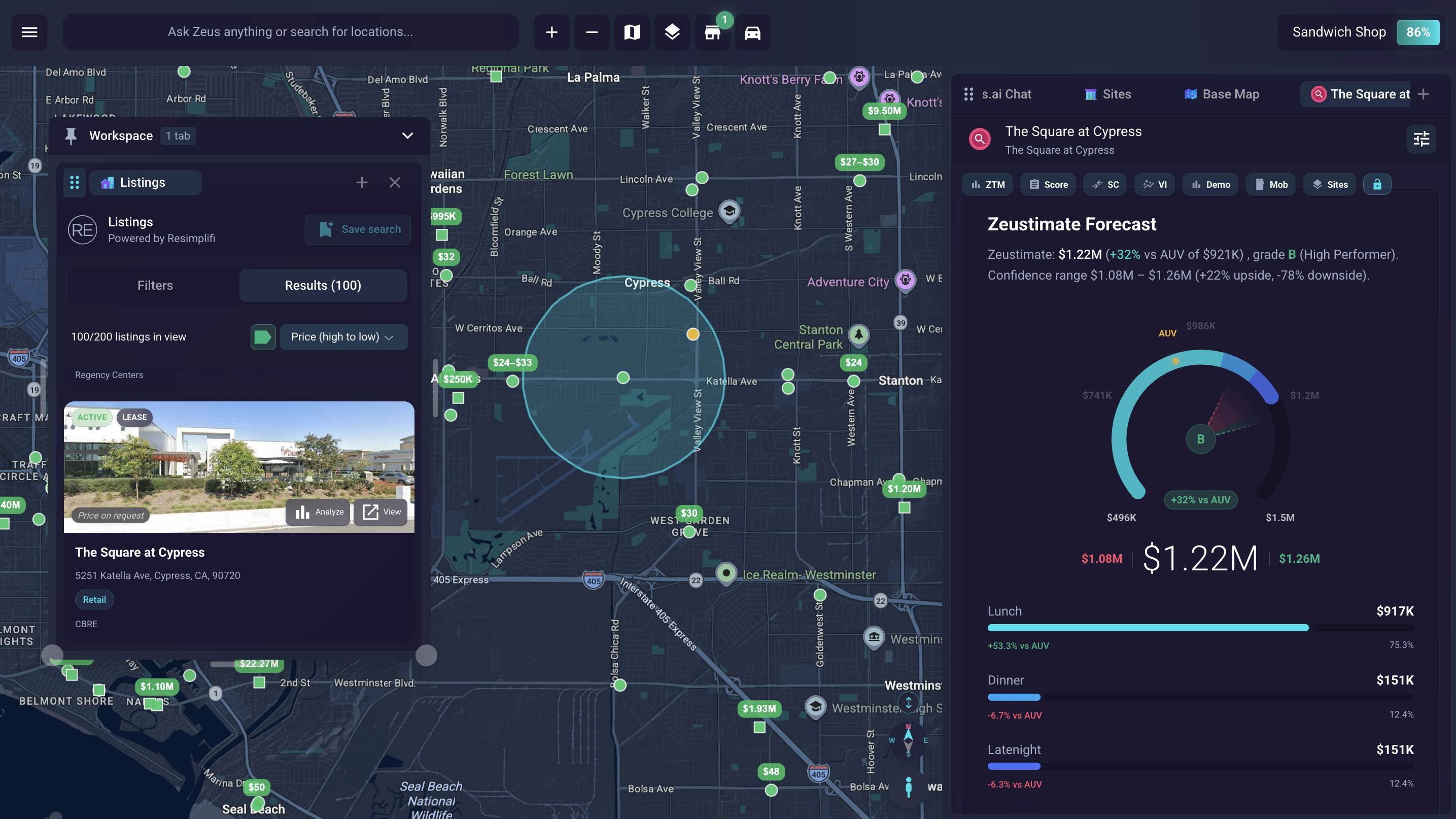 A real estate listing inside SiteZeus Locate with a one-click sales forecast generated directly from the property